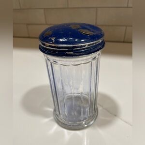 Vintage Diner Style Sugar Jar Blue Tint with Metal Lid